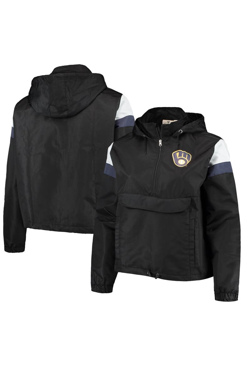 Women's Black/Navy Milwaukee Brewers Plus Size Anorak Quarter-Zip Hoodie, Main, color, Black