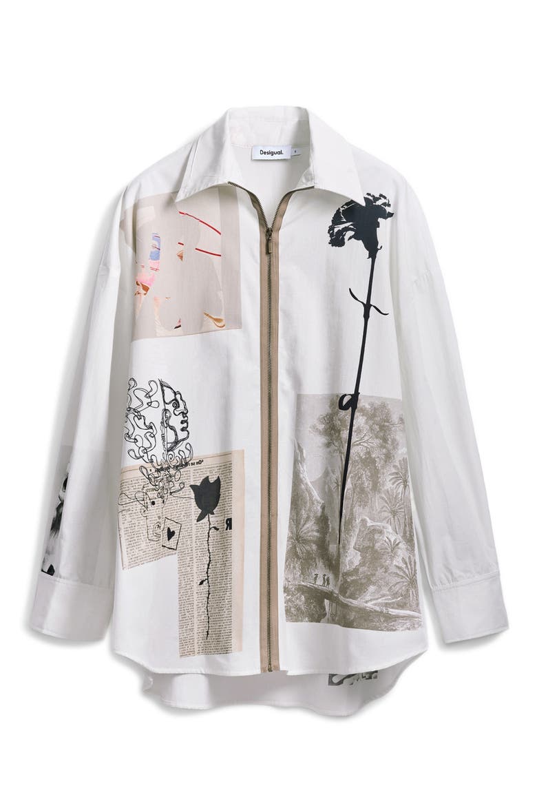 Relaxed Fit Zip Front Cotton Shirt, Alternate, color, WHITE