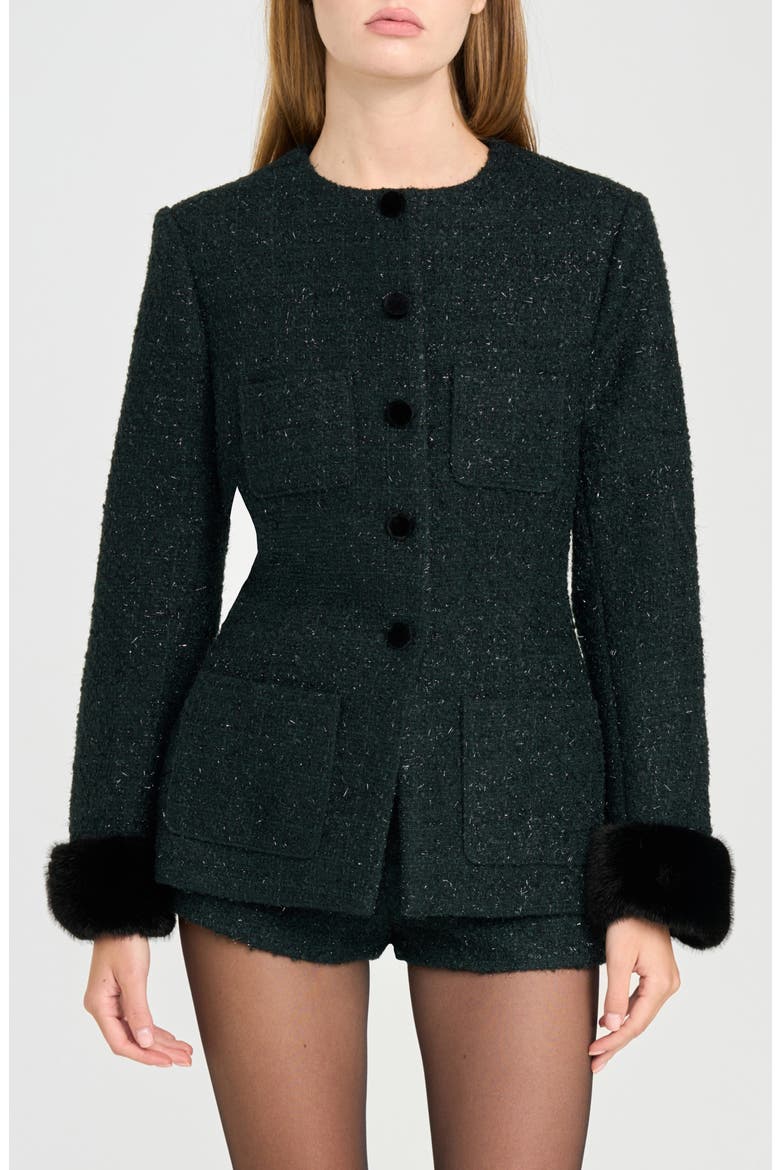 x Rose Lola Bleecker Bouclé Jacket with Faux Fur Cuffs, Main, color, EMERALD