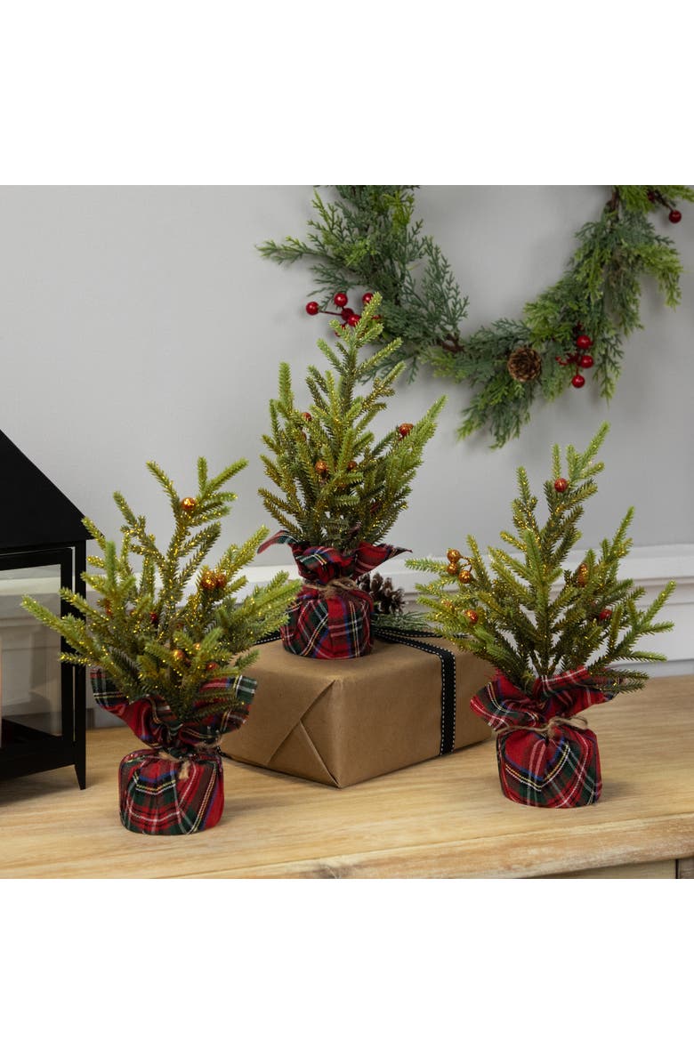 Northlight Mini Glittered Pine with Berries Artificial Christmas Trees - 9" - Set of 3, Alternate, color, Green