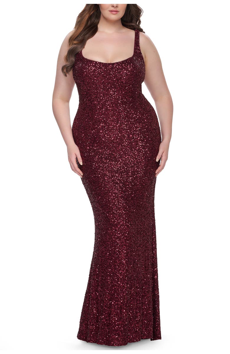 La Femme Plus Size Prom Dress in Stretch Sequin and Square Neckline, Main, color, Wine
