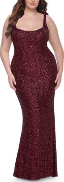 La Femme Plus Size Prom Dress in Stretch Sequin and Square Neckline
