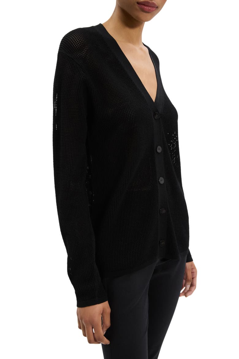 Pointelle V-Neck Cardigan, Alternate, color, BLACK
