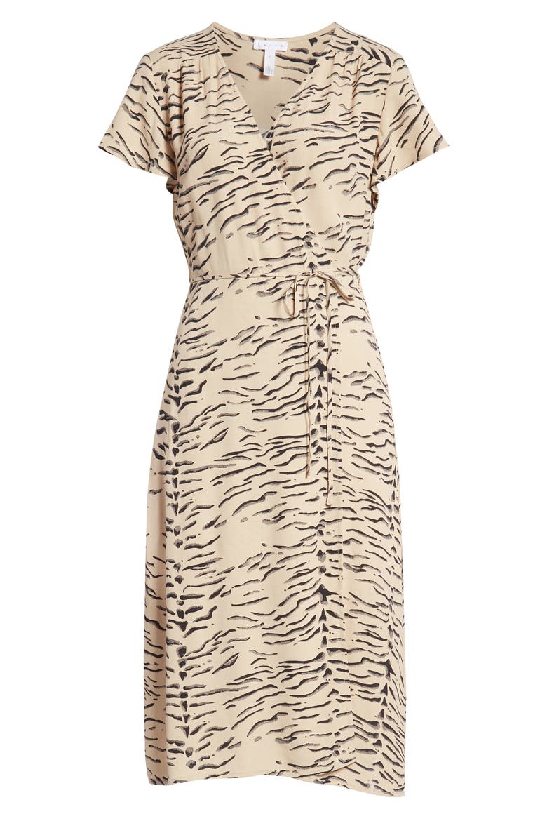 Print Flutter Sleeve Wrap Dress, Alternate, color, TAN TAUPE DISAPPEARING ANML