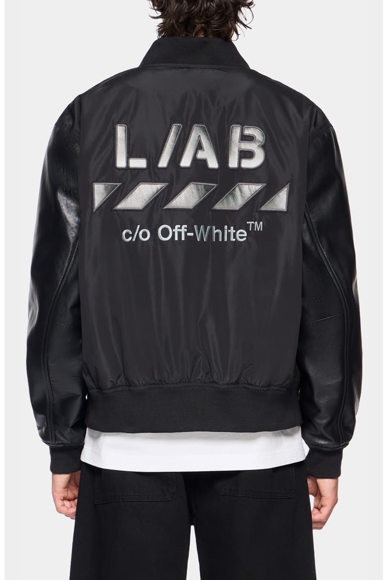 Off Active Leather Sleeve Bomber Jacket, Alternate, color, BLACK