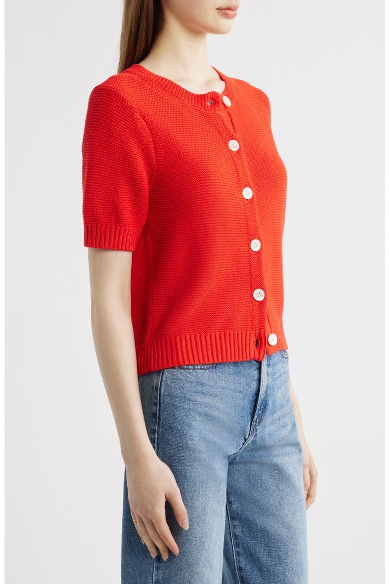Elle Elbow Sleeve Linen & Cotton Button-Up Sweater, Alternate, color, TOMATO
