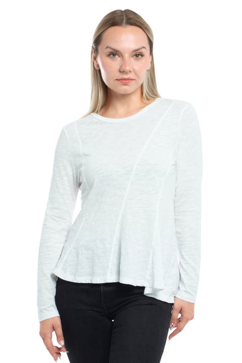 Round Neck Long Sleeve Tee with Asymmetric Hem & Body Seams