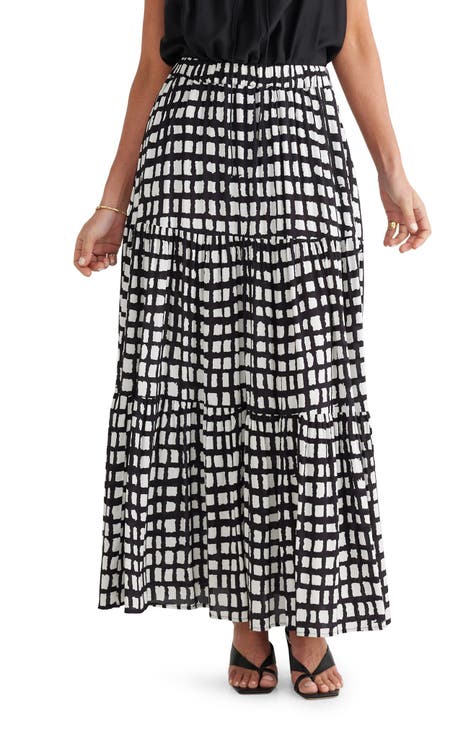 Elsie Windowpane Print Tiered Maxi Skirt