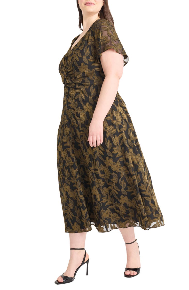 Maggy London Ruched Flutter Sleeve Midi Dress, Alternate, color, Black/ Olive