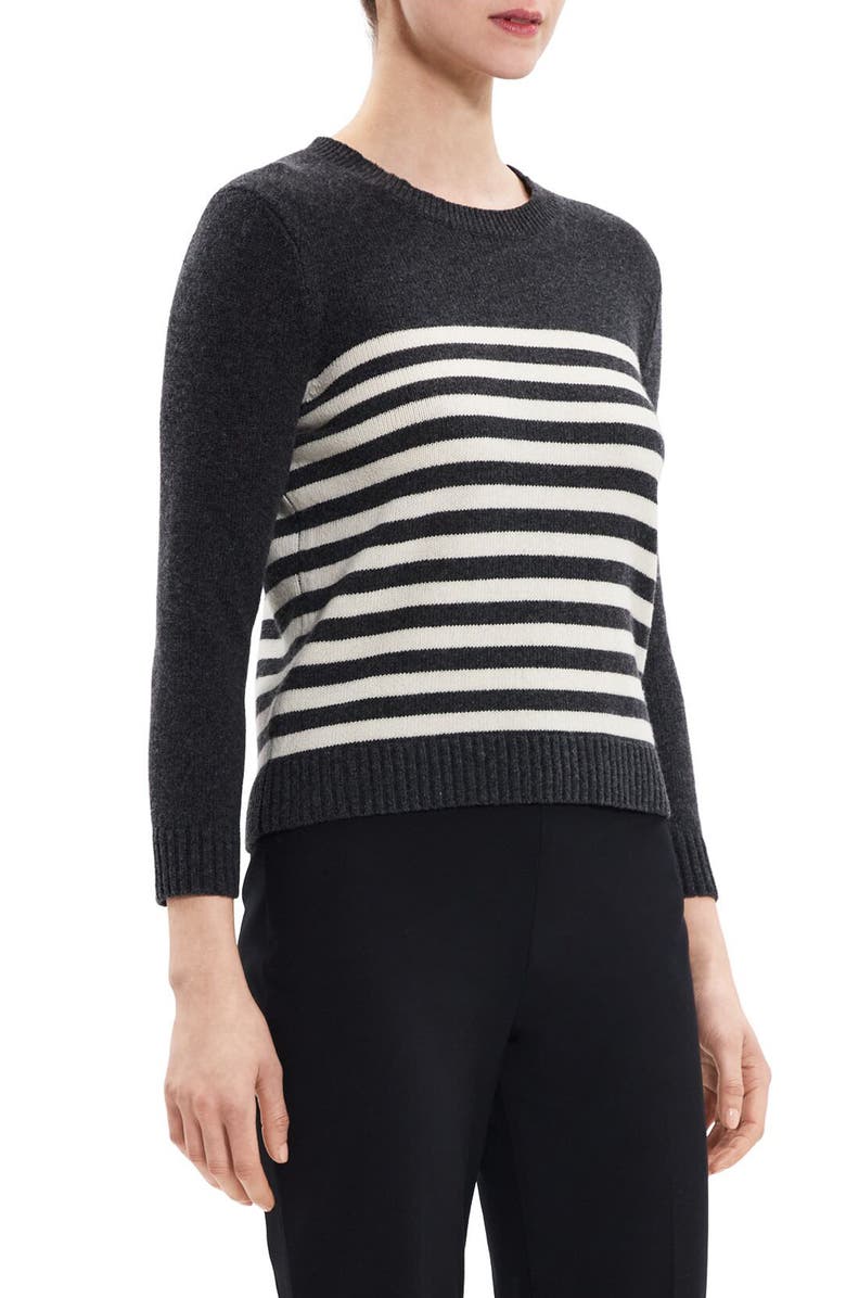 Theory Shrunken Stripe Wool & Cashmere Sweater, Alternate, color,