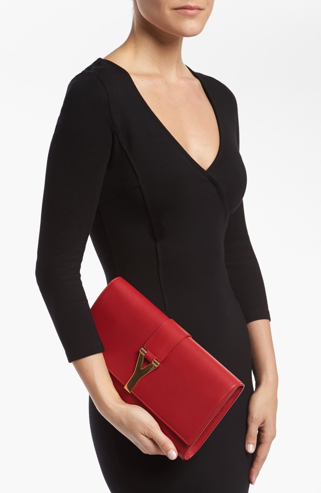 'Y' Leather Clutch, Alternate, color, ROUGE