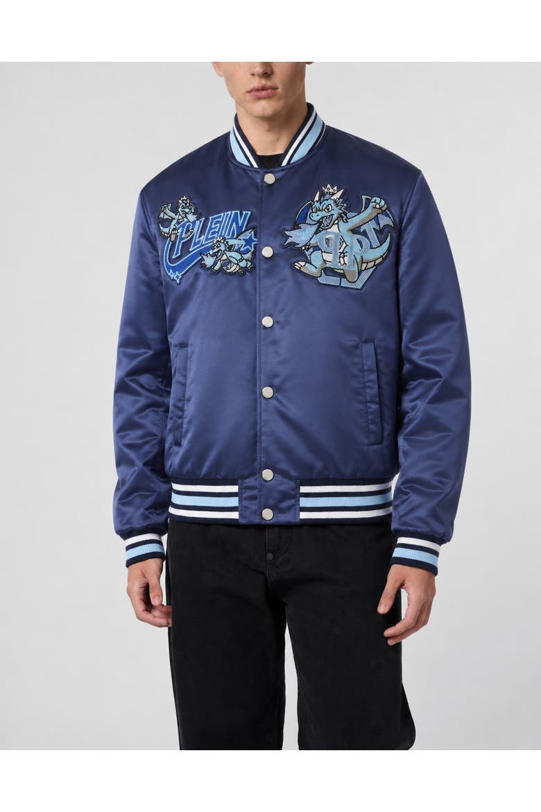 Satin Bomber Plein Dragon Stones Men, Main, color, navy