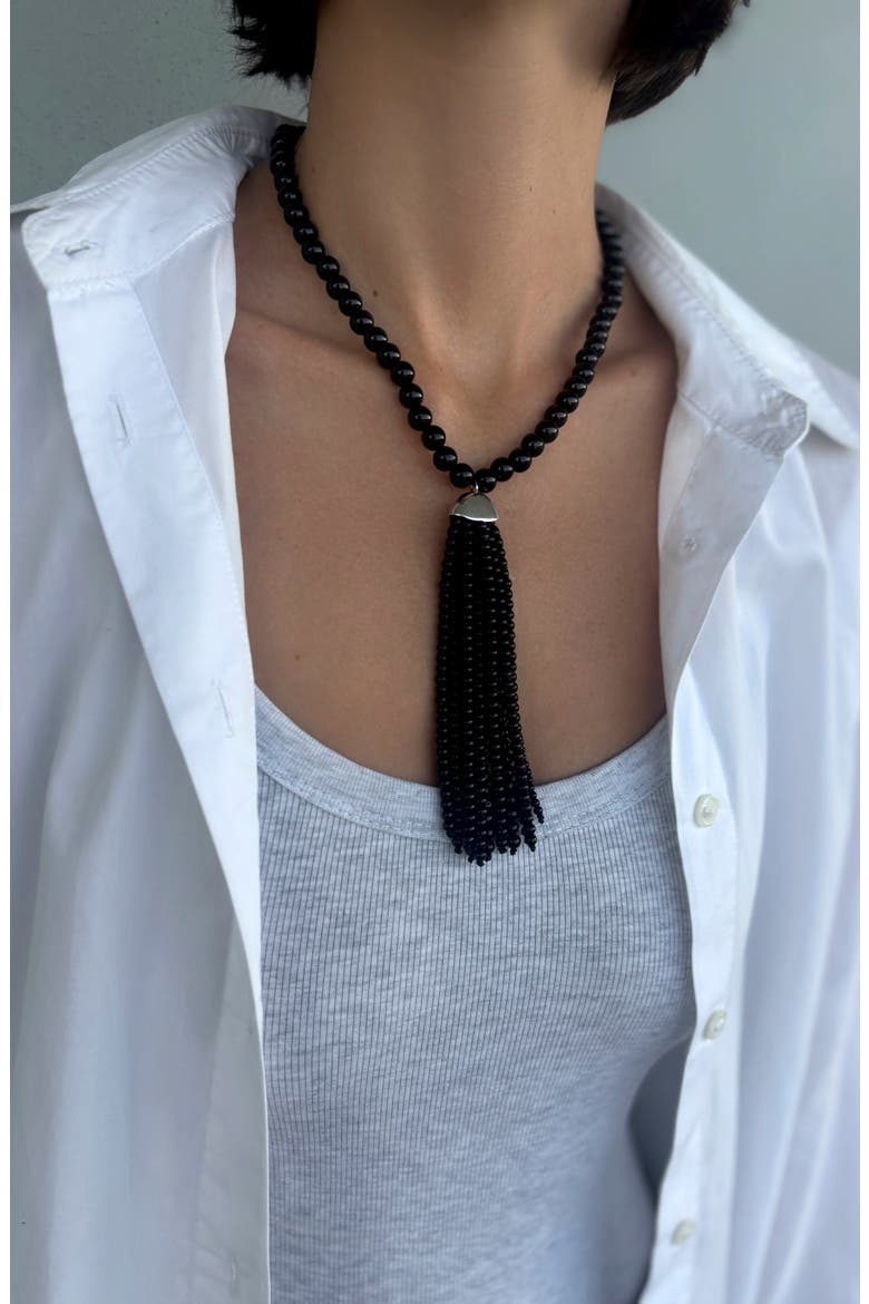 Beaded Tassel Necklace, Alternate, color, BLACK