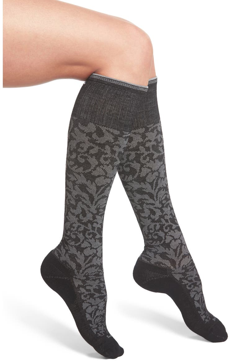 'Damask' Compression Socks, Main, color, BLACK