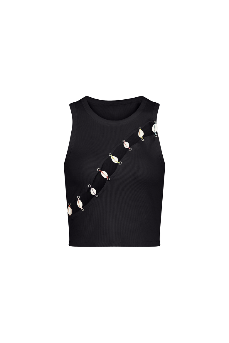 Cowrie Shell Embellished Tank Top, Main, color, Black