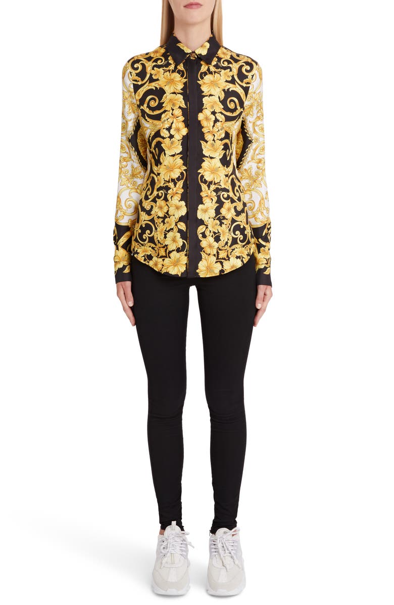 Versace Hibiscus Print Silk Shirt, Alternate, color, 