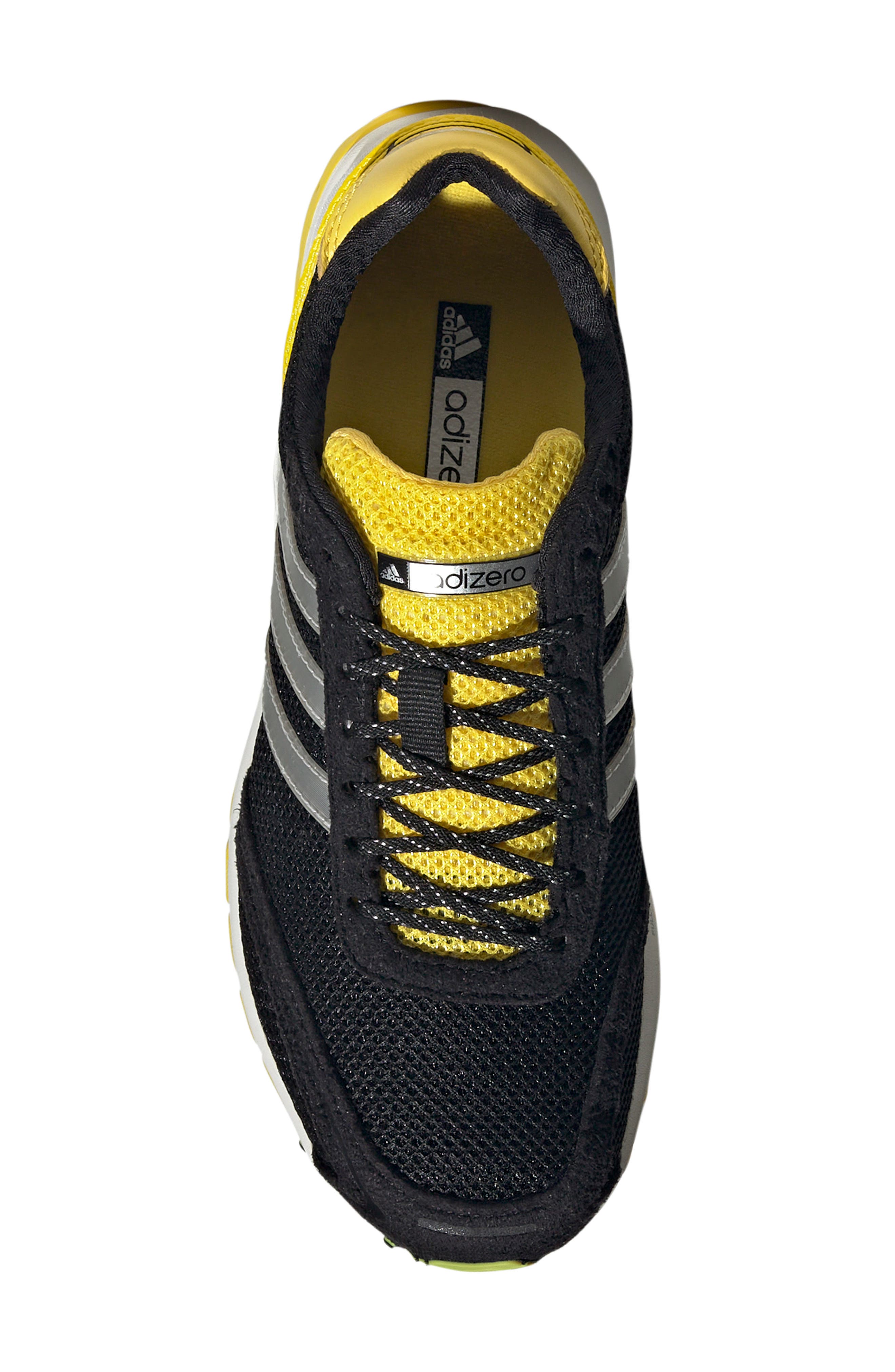Adizero Adios Running Shoe, Alternate, color, BLACK/ SILVER METALLIC/ YELLOW