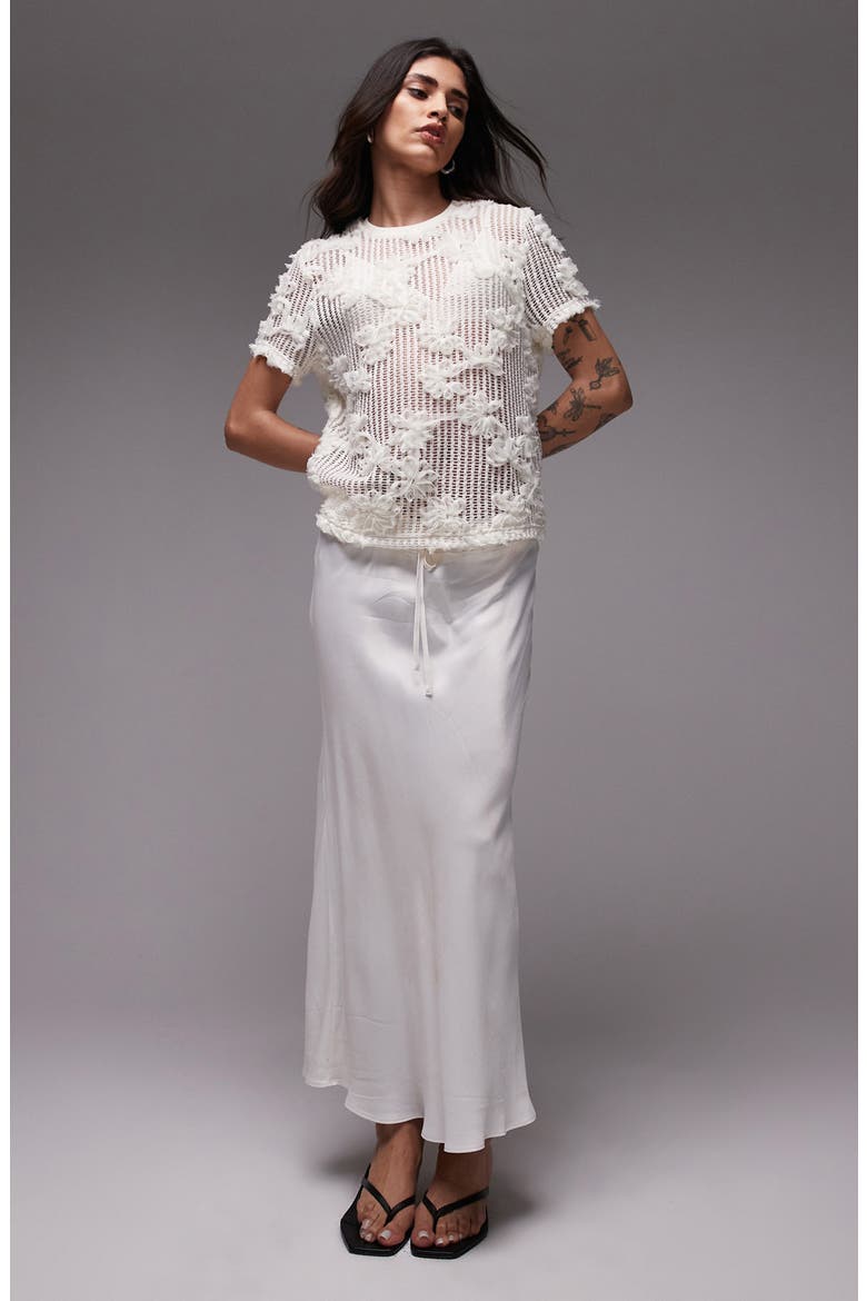 Floral Appliqué Sheer Open Stitch T-Shirt, Alternate, color, IVORY