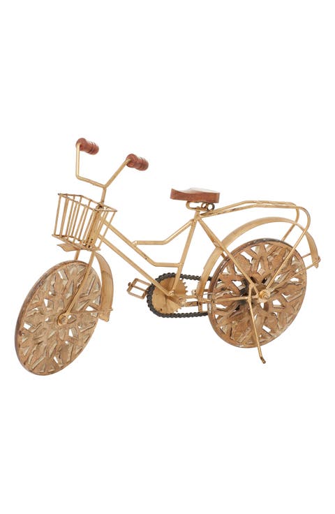 Goldtone Metal Bike Sculpture with Carved Wood Wheels