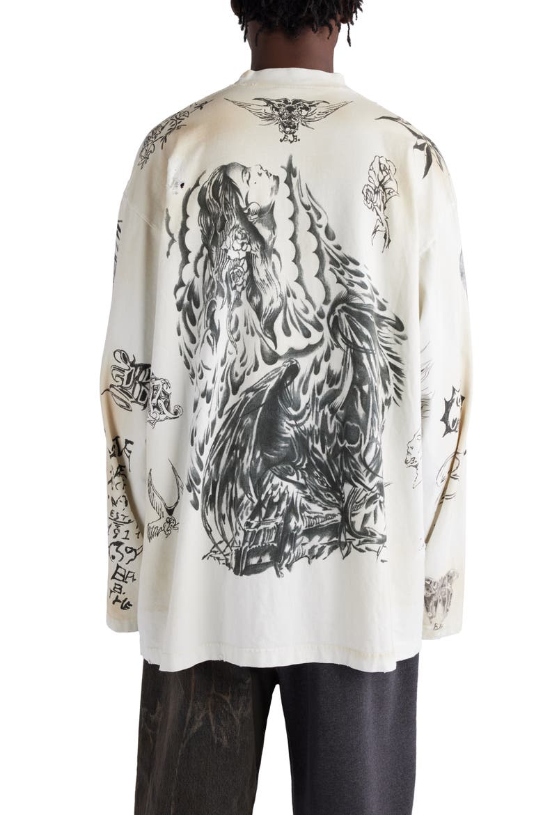 Tattoo Distressed Long Sleeve Cotton Graphic T-Shirt, Alternate, color, OFF WHITE/ BLACK