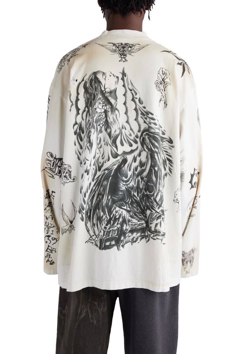 Balenciaga Tattoo Distressed Long Sleeve Cotton Graphic T-Shirt, Alternate, color, 
