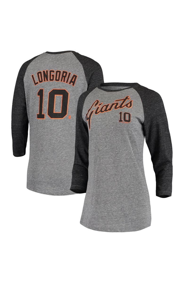 5TH AND OCEAN BY NEW ERA Women's 5th & Ocean by New Era Evan Longoria Gray San Francisco Giants Script Name & Number Raglan Tri-Blend 3/4-Sleeve T-Shirt, Main, color, Gray