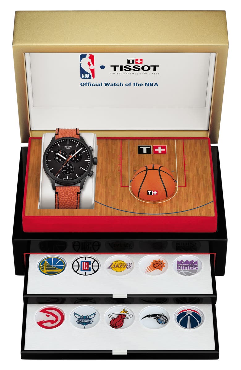 Tissot Chrono XL NBA Leather Strap Watch, 45mm, Alternate, color, 
