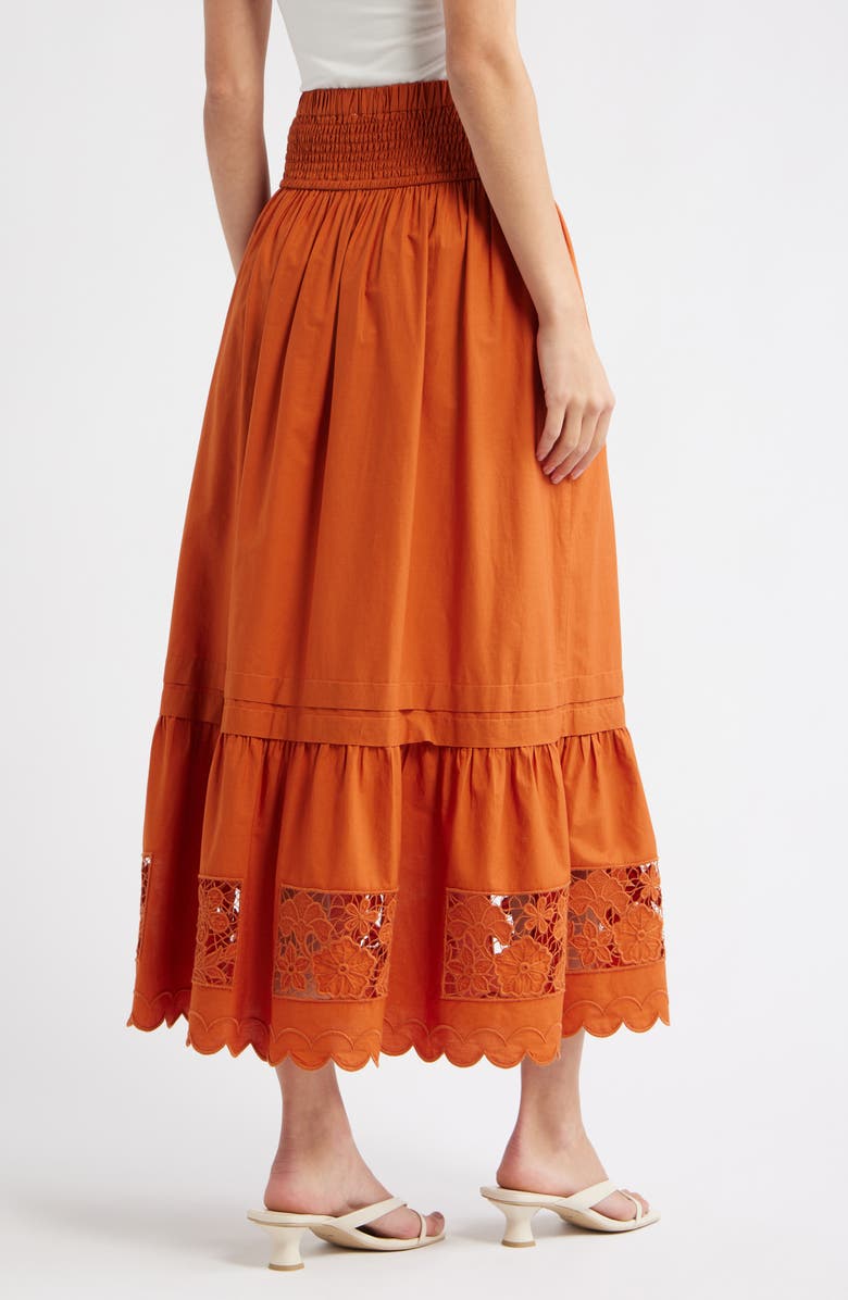 LOVE THE LABEL Nolan Smocked Waist Embroidered Cotton Eyelet Midi Skirt, Alternate, color, Cinnamon