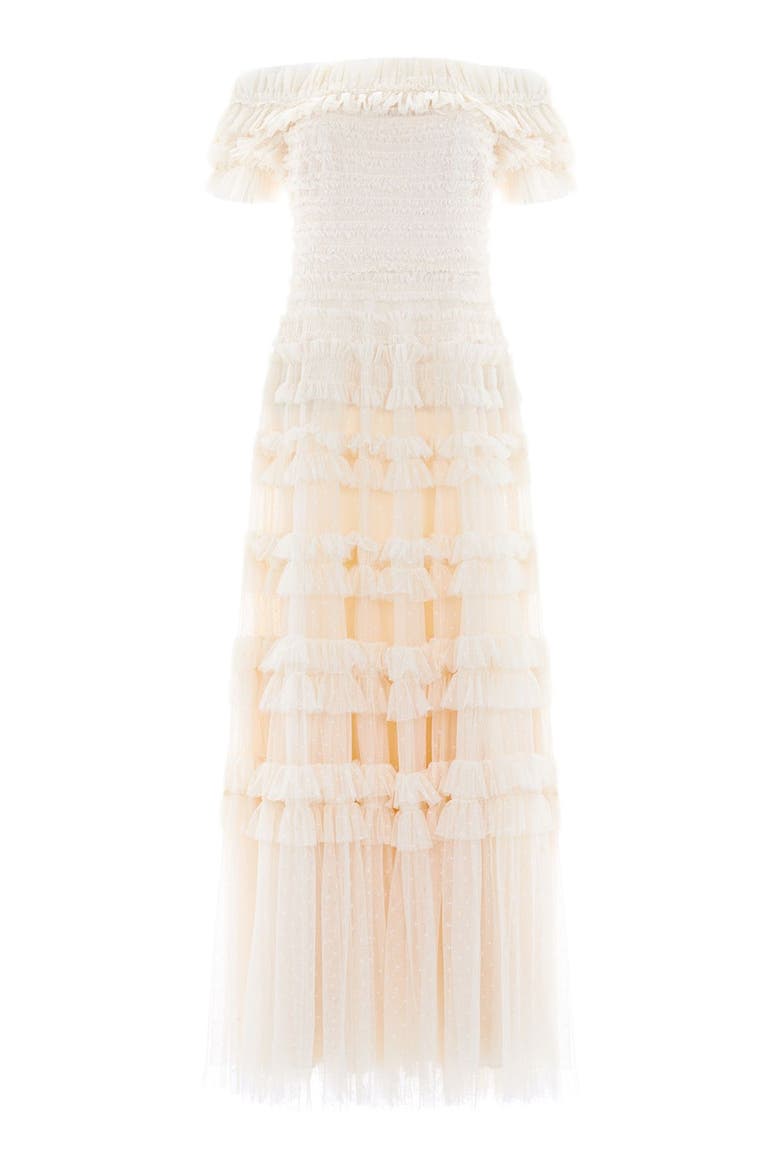 Lisette Ruffle Off Shoulder Gown, Alternate, color, Champagne