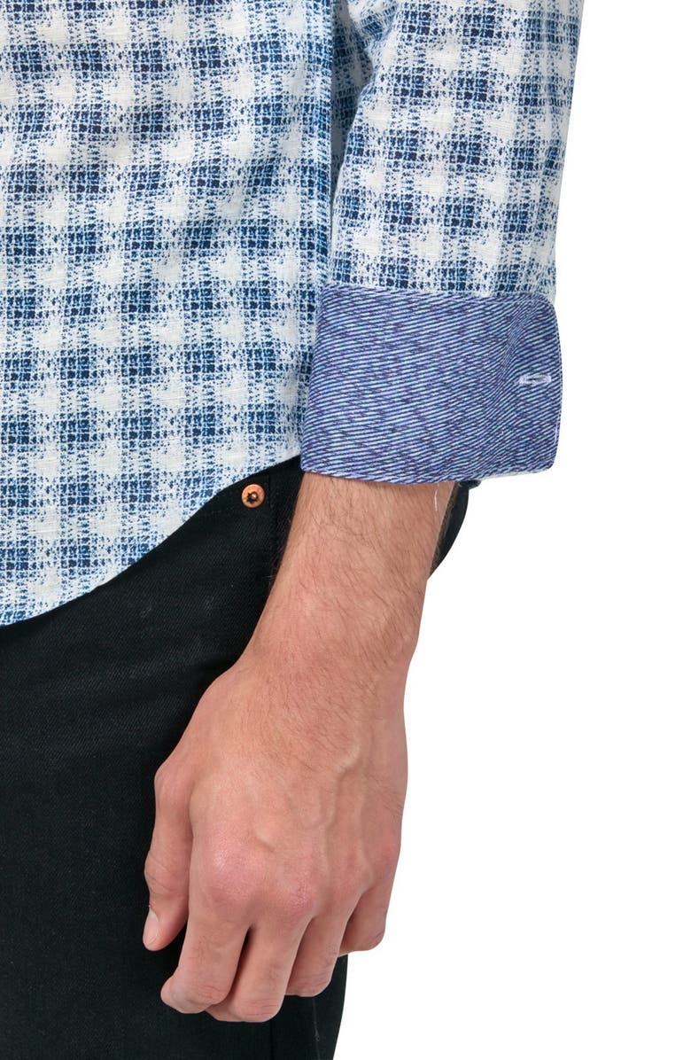 Brooklyn Brigade Slim Fit Check Print Linen Cotton Banded Collar Long Sleeve Shirt, Alternate, color, Blue