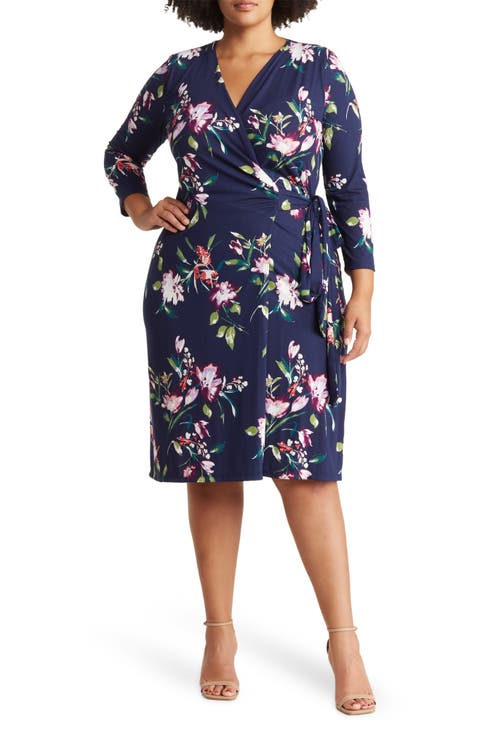 Floral Print V-Neck Jersey Wrap Dress (Plus)