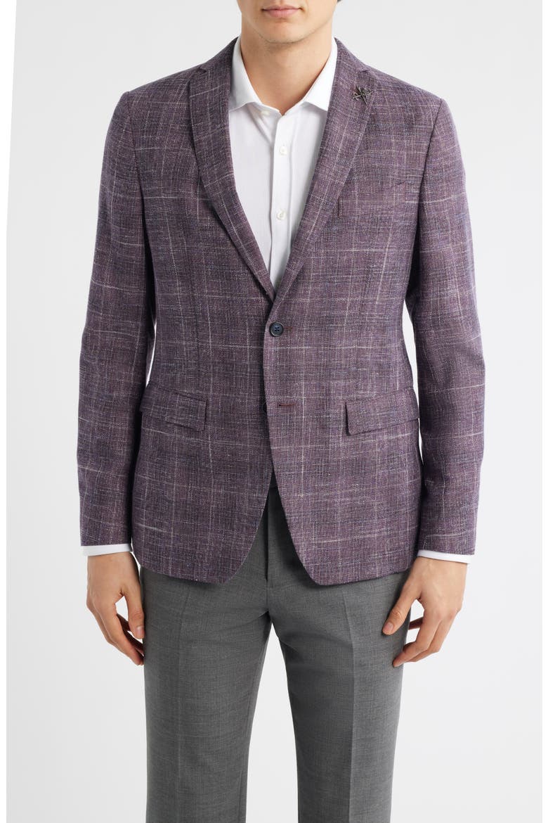 Varick Slim Fit Purple Check Slub Wool & Cotton Blend Sport Coat, Main, color, BURGUNDY