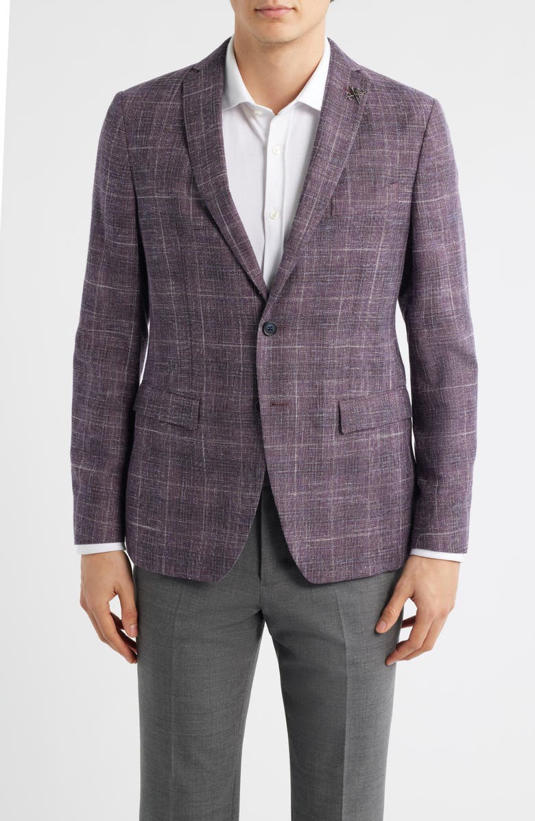 John Varvatos Star USA Varick Slim Fit Purple Check Slub Wool & Cotton Blend Sport Coat, Main, color, Burgundy