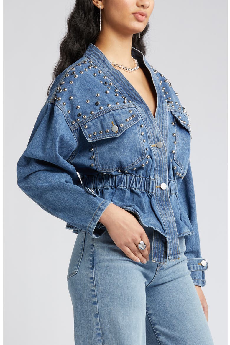 Alina Stud Peplum Denim Jacket, Alternate, color, BLUE