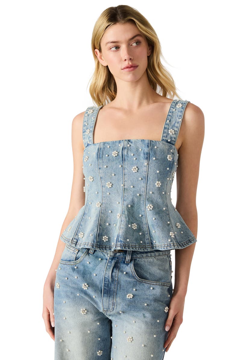 Steve Madden Fiorella Beaded Peplum Denim Tank, Alternate, color,