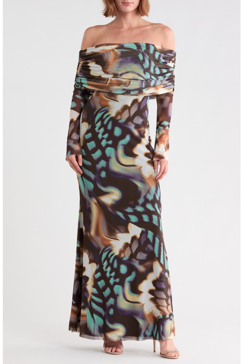 Thelma Off the Shoulder Long Sleeve Dress, Main, color, FEATHER SWIRL