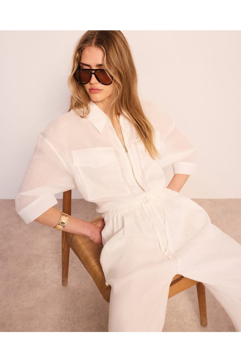 Ramie Zip Bomber Blouse, Alternate, color, Ivory