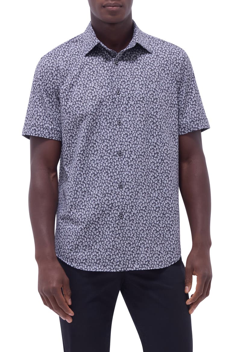 Miles OoohCotton® Leaf Print Short Sleeve Button-Up Shirt, Main, color, BLACK