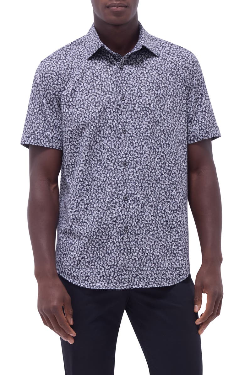 Bugatchi Miles OoohCotton<sup>®</sup> Leaf Print Short Sleeve Button-Up Shirt, Main, color, Black