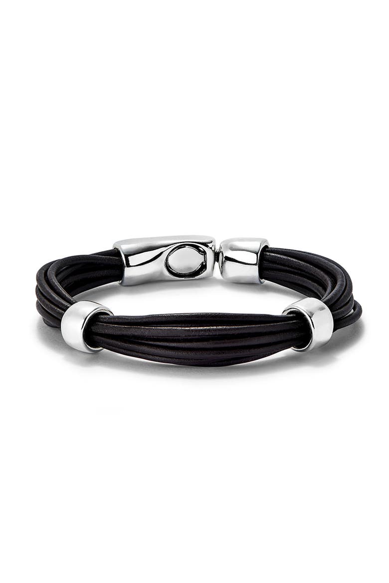 Multi Strand Leather Bracelet With 2 Circles, Main, color, Silver