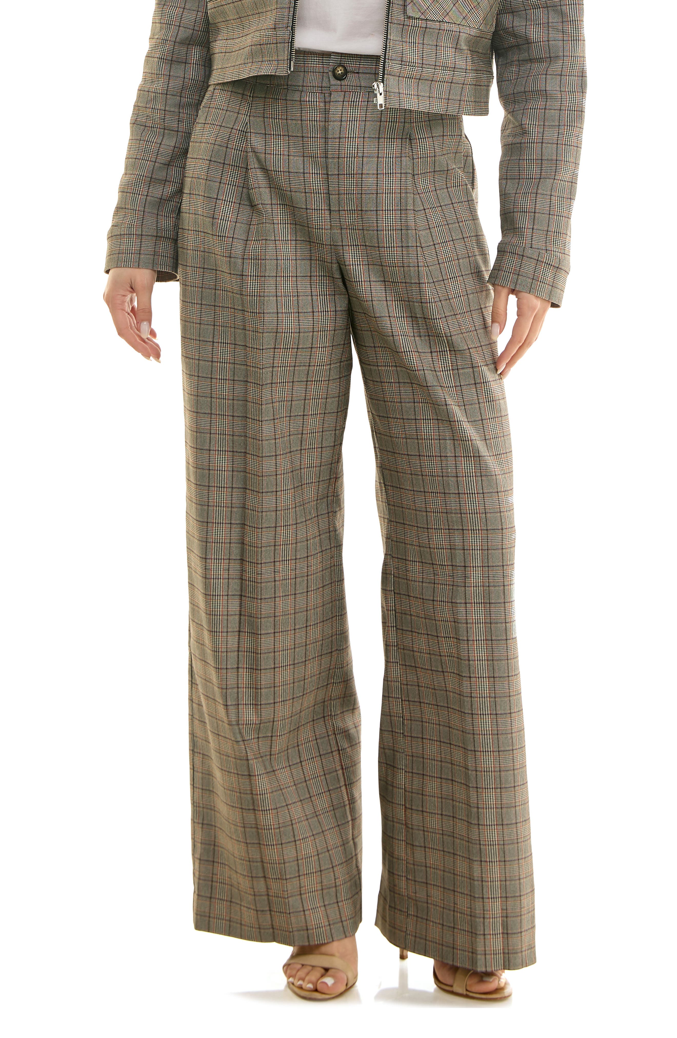 Socialite Plaid Pleated Front Wide Leg Pants