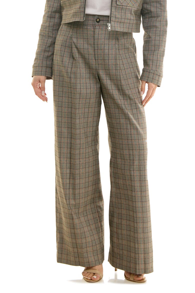 Plaid Pleated Front Wide Leg Pants, Main, color, BROWN/ RED PLAID