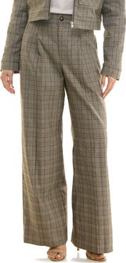 Socialite Plaid Pleated Front Wide Leg Pants