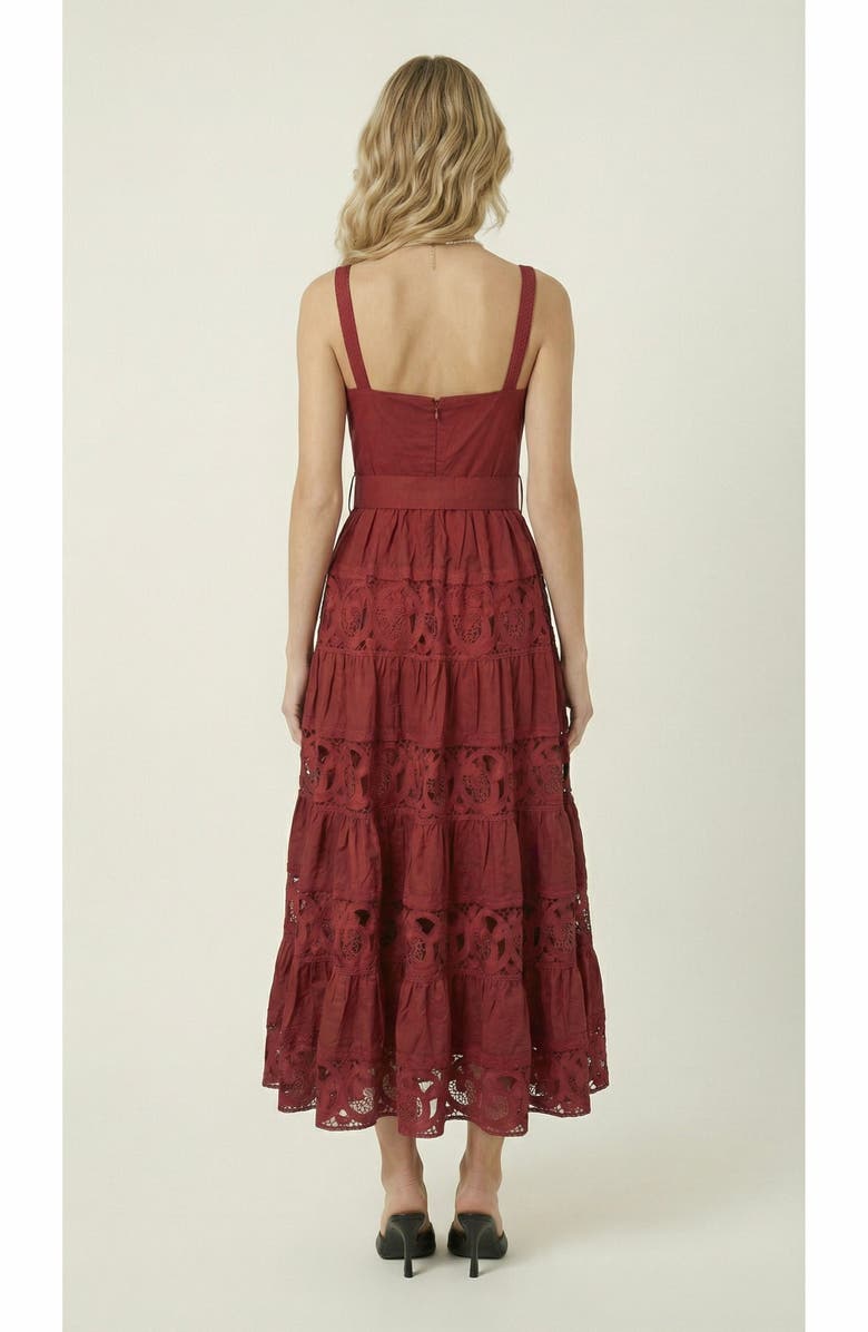 Modenaire Belted Tiered Lace Midi Dress, Alternate, color, Burgundy
