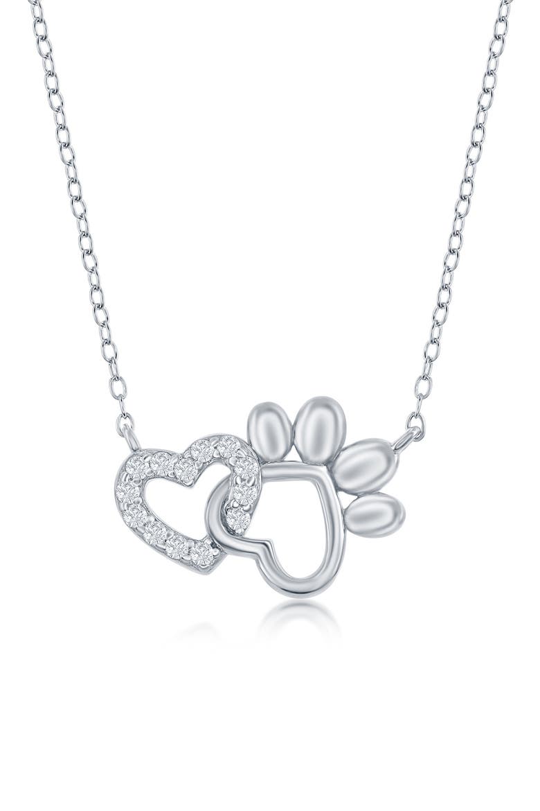 Sterling Silver & CZ Heart & Paw Print Necklace, Main, color, SILVER