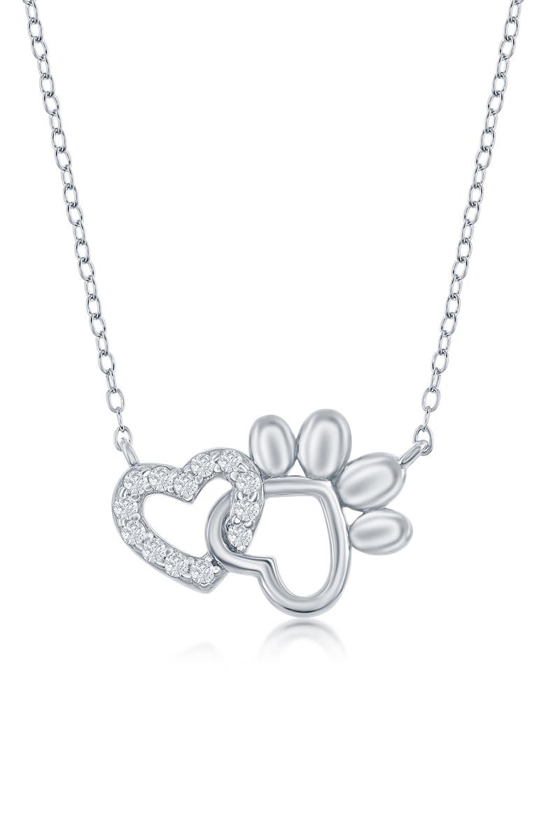 SIMONA Sterling Silver & CZ Heart & Paw Print Necklace, Main, color, Silver