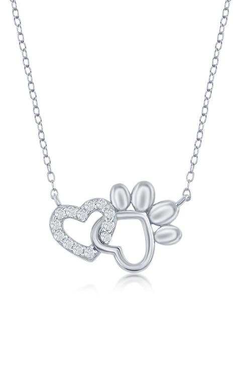 Sterling Silver & CZ Heart & Paw Print Necklace
