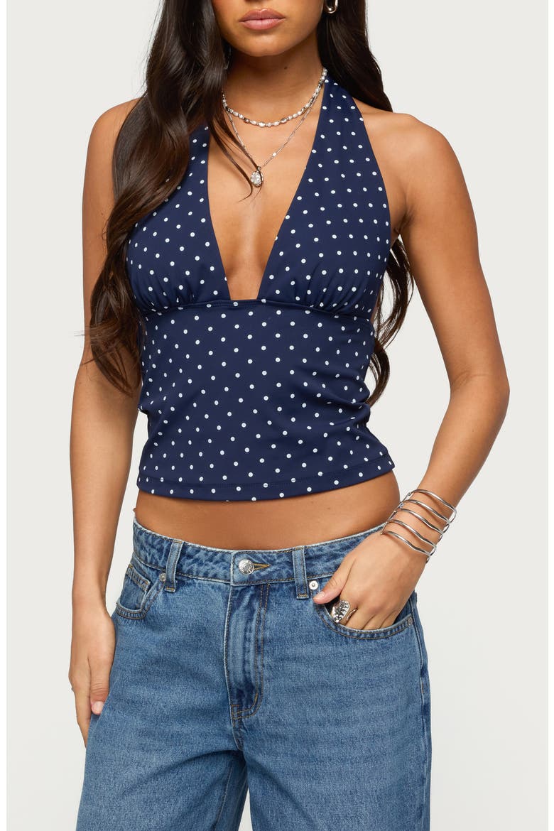 Blaire Polka Dot Halter Crop Top, Main, color, NAVY-AND-WHITE