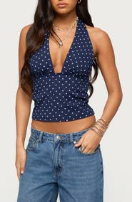 EDIKTED Blaire Polka Dot Halter Crop Top