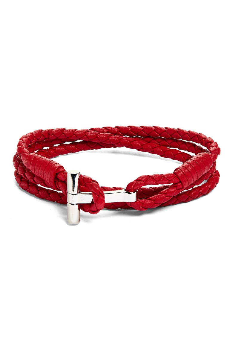 Men's Scoubidou Braided Leather Bracelet, Main, color, SCARLET